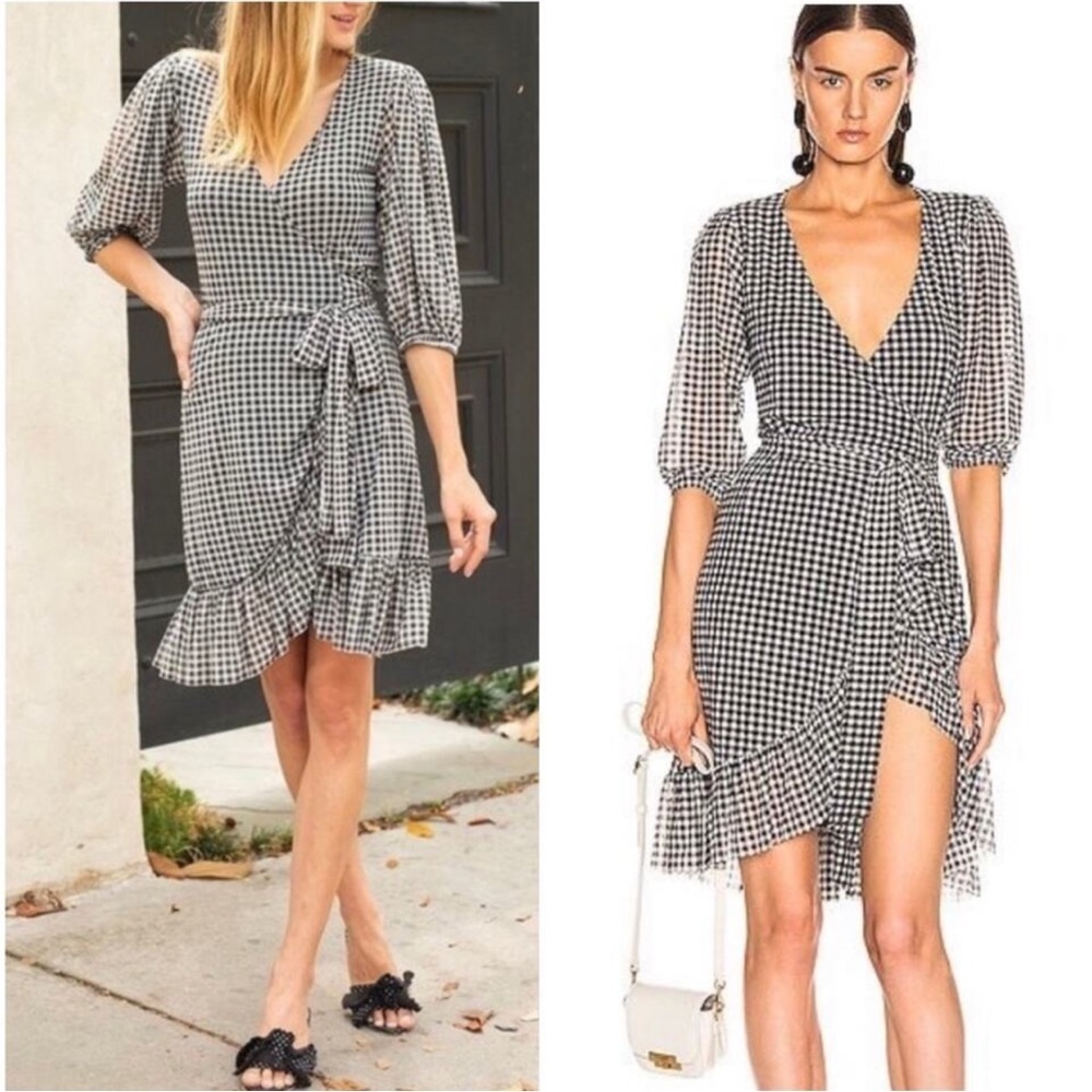 GANNI | Black Gray and White Checkered Gingham Mini Wrap Dress Sz 38 or a Medium - Picture 6 of 8